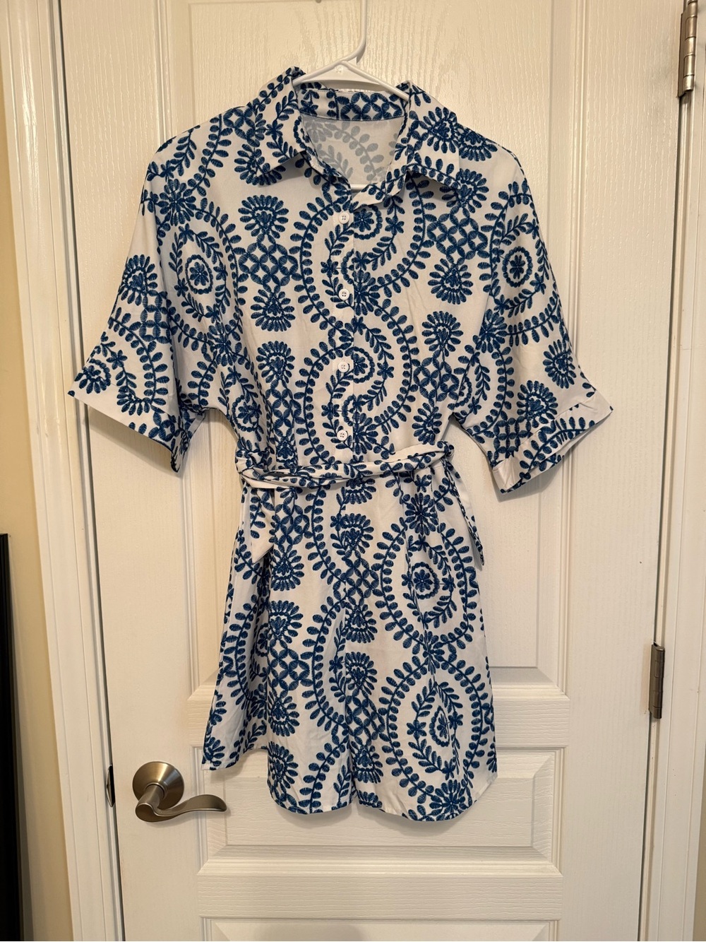Blue and White Printed Button-Up Shorts Dress